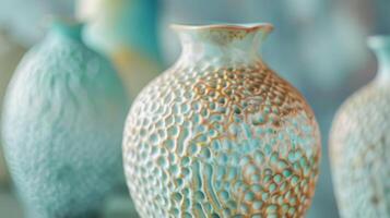 een serie van vazen met een glad glanzend af hebben gecombineerd met een abstract getextureerde ontwerp gemaakt door hand- gebruik makend van klei gereedschap en technieken. foto