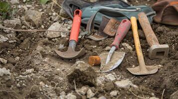 gereedschap en uitrusting liggen geteerd Aan de grond bewijs van de actie en vooruitgang dat heeft genomen plaats Aan de plaats foto