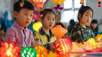 kinderen deelnemen in een ambacht station creëren hun eigen traditioneel papier lantaarns naar nemen huis net zo een souvenir van de evenement foto