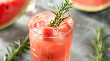 een verfrissend watermeloen mocktail is gegarneerd met een takje van rozemarijn toevoegen een tintje van aroma en elegantie naar de ochtend- ritueel foto