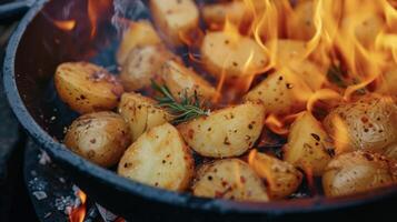 de intens warmte van de vlammen hieronder transformeert deze duidelijk aardappelen in een vurig kant schotel dat is barsten met smaak foto