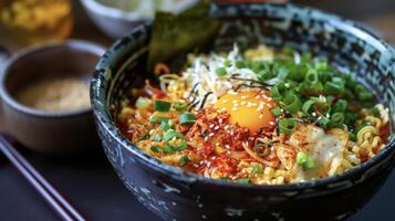 een levendig kom van ramen gevulde met een verleidelijk mengen van y paprika's Chili vlokken en pittig Kimchi foto