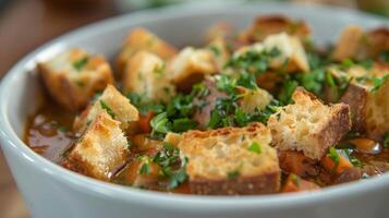 een kom van hartelijk groente soep bekroond met knapperig croutons en vers kruiden serveert net zo de hoofd Cursus foto