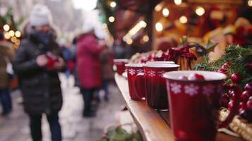 een vakantie markt met mensen wandelen in de omgeving van Holding heet cups van overwogen veenbes stempel en chatten met verkoper foto