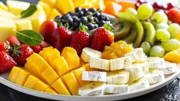 een tropisch fruit en kaas bord met een verscheidenheid van gesneden fruit en romig kazen zo net zo mango chutney Brie foto