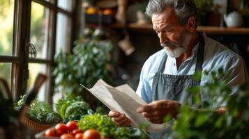 een detailopname van een senior Mens aandachtig lezing een recept voor een plantaardig schotel net zo hij bereidt zich voor naar koken het voor zijn familie foto