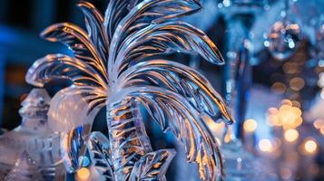 een verbijsterend ijs beeldhouwwerk van een palm boom gesneden met ingewikkeld detail voegt toe een tintje van tropisch elegantie naar de evenement ruimte foto