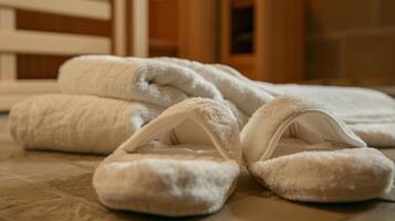 zacht pluizig Jurken en slippers mits voor gasten naar slijtage gedurende hun tijd Bij de spa toevoegen naar de luxueus atmosfeer. foto