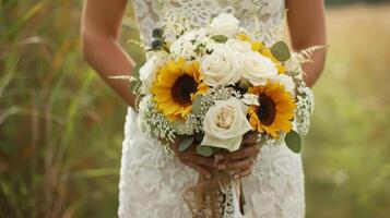 de bruiden boeket is een mengen van wit rozen en zonnebloemen gebonden samen met een jute lint en een tintje van kant toevoegen naar de western esthetisch foto