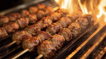 spiesjes van sappig Turks kofte glinsterend met een gouden glazuur van haar tijd Aan de grillen. de subtiel hints van komijn knoflook en kruiden vermengen met de rook van th foto