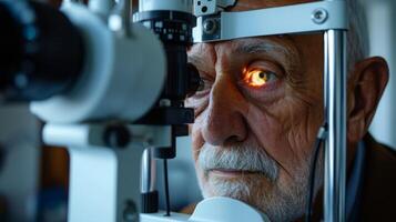 een optometrist past zich aan de lenzen Aan een groot machine terwijl een senior Mens looks door de oculair zijn gezichtsvermogen wezen geëvalueerd voor ieder veranderingen of bedenkingen foto