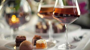 de avond concludeert met een selectie van na het eten drankjes zo net zo haven of cognac geserveerd met petit vieren en eigengemaakt chocola truffels foto