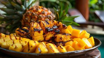 een bord opgestapeld hoog met sappig gegrild ananas en sappig mango geplukt dat ochtend- van dichtbij boerderijen foto