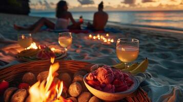 net zo de groep ontspant Aan strand dekens genieten van de warmte van de brand klein kommen van tropisch fruit sorbet zijn geslaagd in de omgeving van het verstrekken van een licht en verfrissend einde naar de maaltijd foto