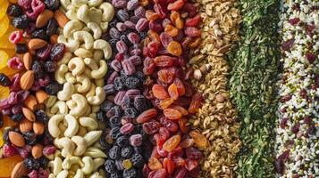 een kleurrijk verspreiding van toppings inclusief noten zaden en droog fruit naar toevoegen naar de top van elk gasten smoothie creatie foto