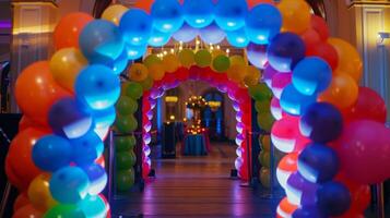 een kleurrijk ballon boog decoreren de Ingang naar de evenement toevoegen naar de feestelijk atmosfeer foto