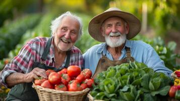 een senior paar trots tonen uit hun overvloedig oogst van vers groenten gegroeid met liefde en zorg in de gemeenschap tuin foto