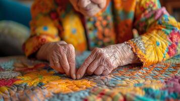 met stabiel handen en een enthousiast oog voor detail een ouderen quilter hechtingen samen een mooi verhaal Aan kleding stof een reflectie van haar levens reis foto
