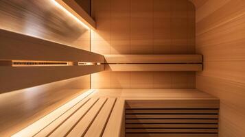 een strak en compact sauna ontworpen naar worden zeer energiezuinig en uitstoten minimaal koolstof uitstoot. foto