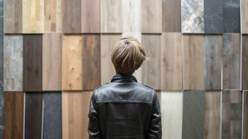 een persoon staand in voorkant van een muur van verschillend vloeren materialen proberen naar besluiten tussen hardhout laminaat of tegels voor hun nieuw huis vernieuwing project foto