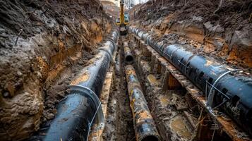 de loopgraaf ten volle gegraven uit en bereid voor de arbeiders naar insert de pijpen tonen hoe diep hieronder de oppervlakte de ondergronds infrastructuur zullen worden foto