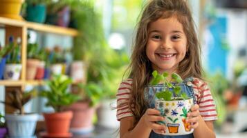 een gelukkig kind trots tonen uit hun gepersonaliseerd keramisch planter geschilderd met hun favoriete kleuren en patronen. foto