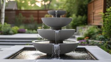 een modern fontein met meerdere tiers toevoegen een tintje van elegantie naar ieder buitenshuis ruimte foto