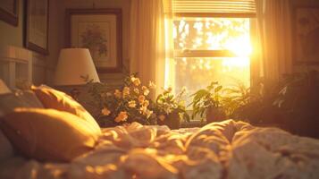 de vroeg ochtend- zon afgietsels een gouden tint over- een gepensioneerden slaapkamer een sereen heiligdom waar ze kan genieten de gemakkelijk s van pensioen foto