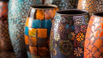 een reeks van keramisch vazen met een glanzend af hebben presentatie van een mozaïek- van verschillend patronen en kleuren. foto