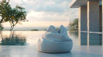 blanco mockup van een Boon zak in een waterbestendig materiaal perfect voor buitenshuis gebruik of zwembad ontspanning. foto