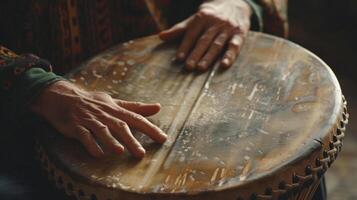 een prestatie door een getalenteerd bodhran speler hun handen in beweging snel en vakkundig over- de trommel toevoegen een ritmisch ritme naar de leven muziek- foto