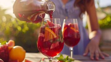 een vrouw gieten een helder rood vloeistof in een glas presentatie van de levendig kleuren van de sangria foto