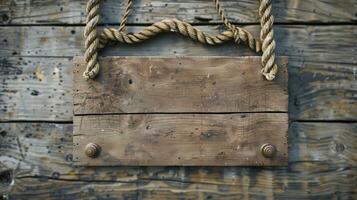 blanco mockup van een rustiek pier teken met een verontrust hout achtergrond en touw detaillering. foto