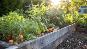 een schot van een verheven tuin bed met een groente lap groeit overvloedig presentatie van hoe zelfs klein ruimten kan worden gebruikt voor duurzame tuinieren en groeit uw eigen voedsel foto