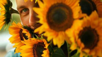 een Mens peering aandachtig Bij een boeket van zonnebloemen overweegt de het beste manier naar regelen hen in een vaas voor Scherm foto