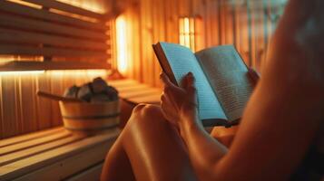 een persoon lezing een boek of luisteren naar muziek- in een sauna gebruik makend van de ontspanning tijd naar ook verminderen hun algemeen spanning niveaus en verbeteren hun mentaal Gezondheid. foto