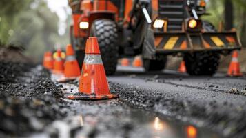 helder oranje kegels en voorzichtigheid plakband Mark uit de bouw plaats net zo de bestrating machine glijdt over- de asfalt foto