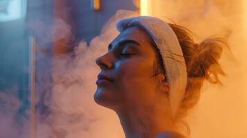 met een warm washandje aan het bedekken haar voorhoofd een vrouw ademt in de stoom- omgeving haar in de sauna vinden Verlichting van de druk van haar migraine. foto