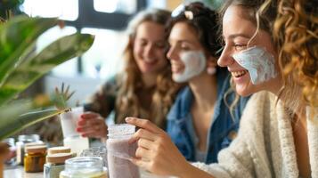 een groep van Dames aan het leren hoe naar maken hun eigen natuurlijk gezicht maskers gebruik makend van geheel natuurlijk ingrediënten bonding over- hun diy creaties. foto