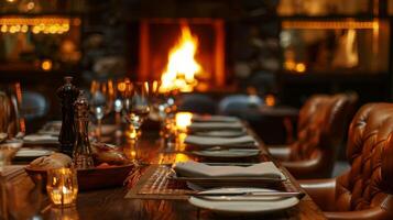 de hedendaags restaurants privaat dining kamer is de perfect plaats naar kom tot rust en knus omhoog door de brullen brand Aan een koud avond. 2d vlak tekenfilm foto