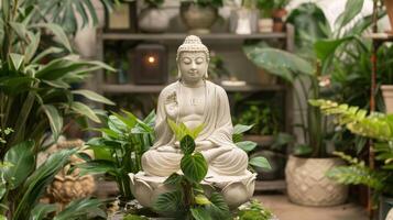 creëren een zin van zen met de toevoeging van een sereen keramisch Boeddha beeldhouwwerk genesteld een de planten en gebladerte. foto