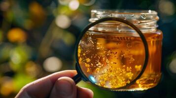 een hand- Holding een vergroten glas over- een pot van honing onthullend de klein vlekjes van stuifmeel en andere natuurlijk elementen dat bijdragen naar haar smaak foto