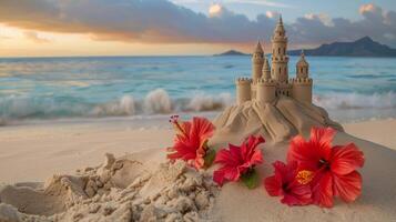 versierd met hibiscus bloemen een ingewikkeld Zandkasteel staat hoog Aan de strand foto