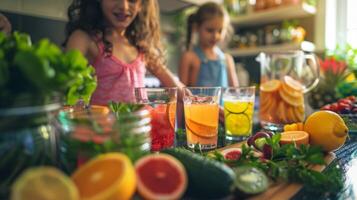 een tafel weergeven divers mocktail recepten en ingrediënten bemoedigend ouders naar leren nieuw recepten en bij betrekken hun kinderen in de maken foto