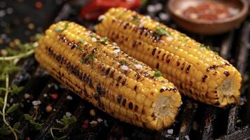 een wezenlijk barbecue favoriete mollig maïs Aan de maïskolf gekruid met een tintje van zout en peper getransformeerd in een heerlijk en een beetje verkoold traktatie foto