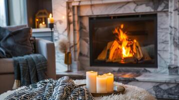 de glanzend marmeren omringen van de haard glanst onder de warm gloed van de flikkeren vlammen gieten een knus en intiem atmosfeer in de kamer. 2d vlak tekenfilm foto