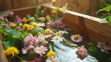 een sauna bad doordrenkt met genezing kruiden en bloemen geloofde naar hebben theutisch voordelen en gebruikt in alternatief geneeskunde praktijken voor ontspanning en ontgifting. foto