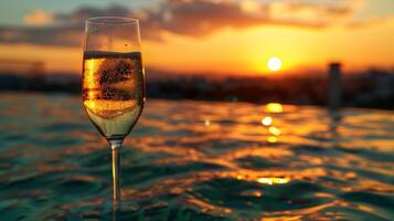 bewonderend de zonsondergang van een op het dak zwembad nippen Aan een glas van Champagne foto