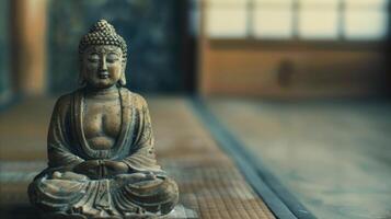 een klein standbeeld van Boeddha zit in de hoek uitstralend een zin van kalmte en wijsheid gedurende de ruimte. 2d vlak tekenfilm foto