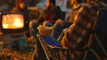 een groep van vrienden zitten in vouwen stoelen kauwend Aan chips en dip net zo ze kijk maar de spel Aan een klein portable TV foto